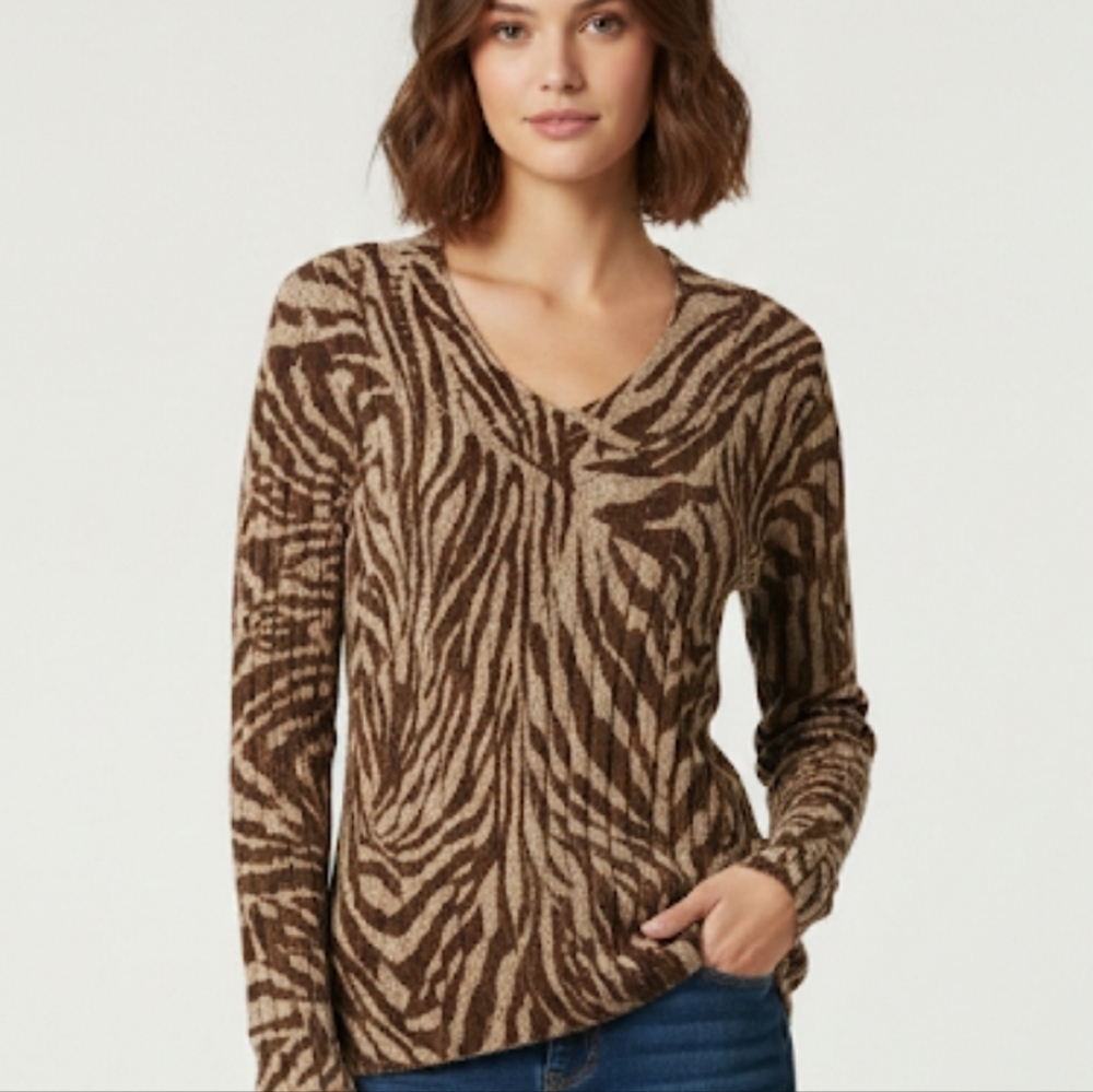 Dana Buchman Beige Cable Knit V-Neck Sweater Women's S/P Animal Print Bodycon